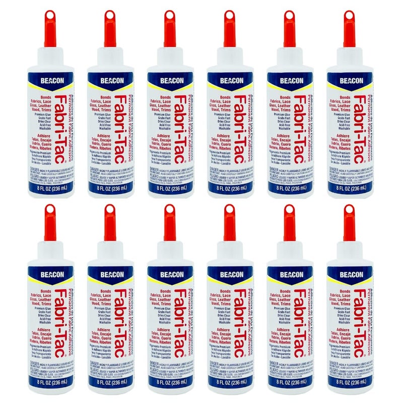 Fabri-Tac Permanent Adhesive, 8 Ounce Bottle - Premium Crafting & Fabric Glue (12 Pack)